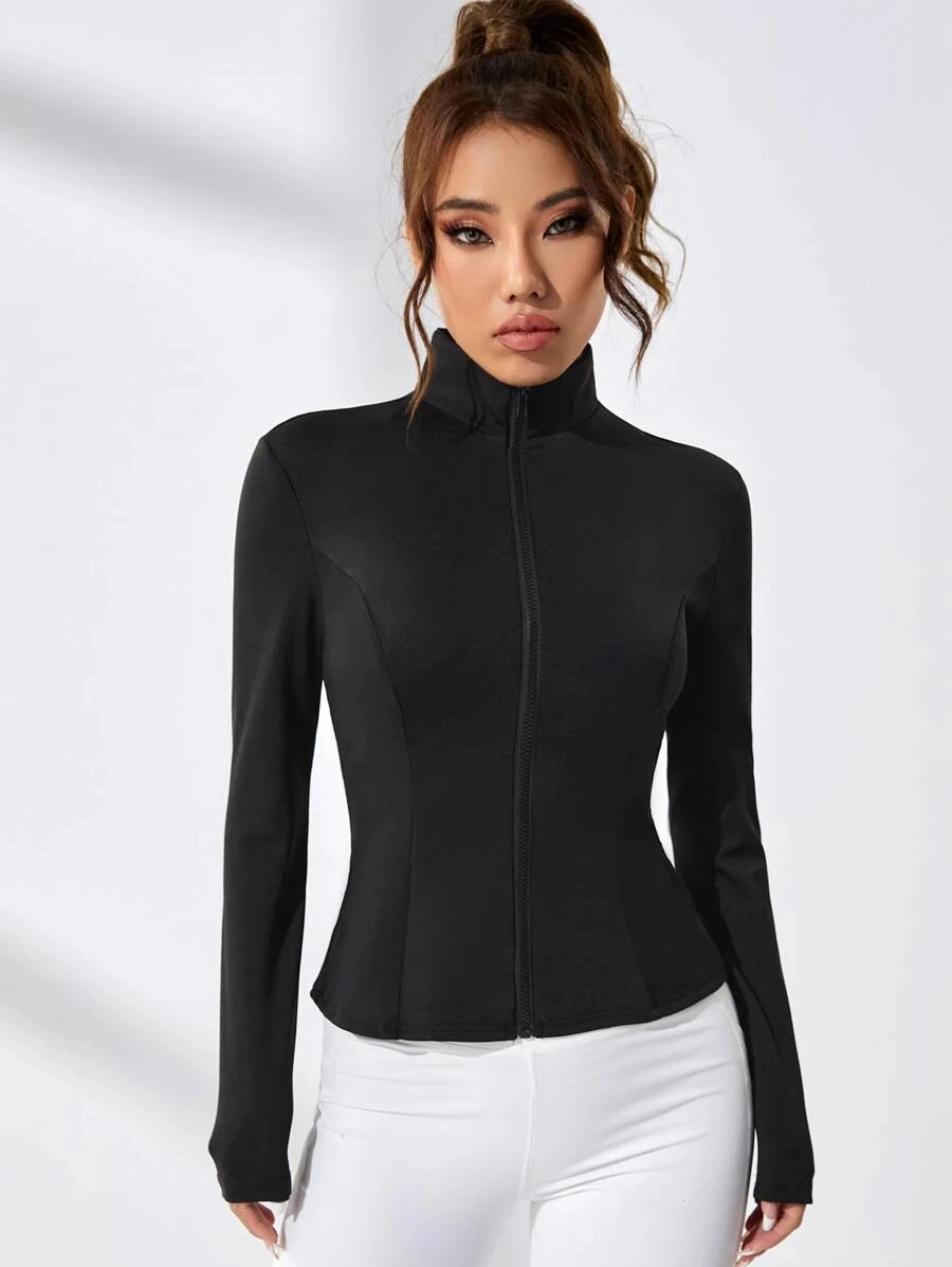 Chaqueta deportiva de manga larga con cuello simulado y cremallera para mujer, abrigo deportivo ajustado para correr, ropa de abrigo informal con cremallera para Yoga, chaqueta deportiva básica