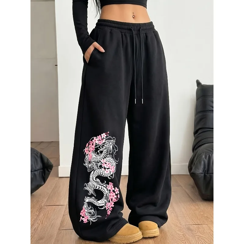 Women's Sweatpants with White Dragon and Cherry Blossom Print, Drawstring Elastic Waist, Side Pockets, Loose Wide-Leg