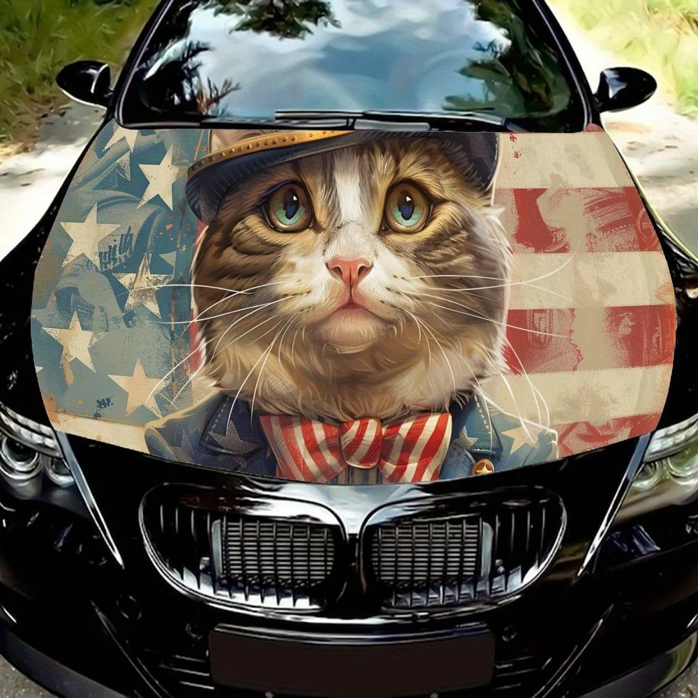 

Bow tied cat with American flag background PVC Car Vinyl Wraps, Self-Adhesive Waterproof Car Hood Decal Sticker, Car Decoration