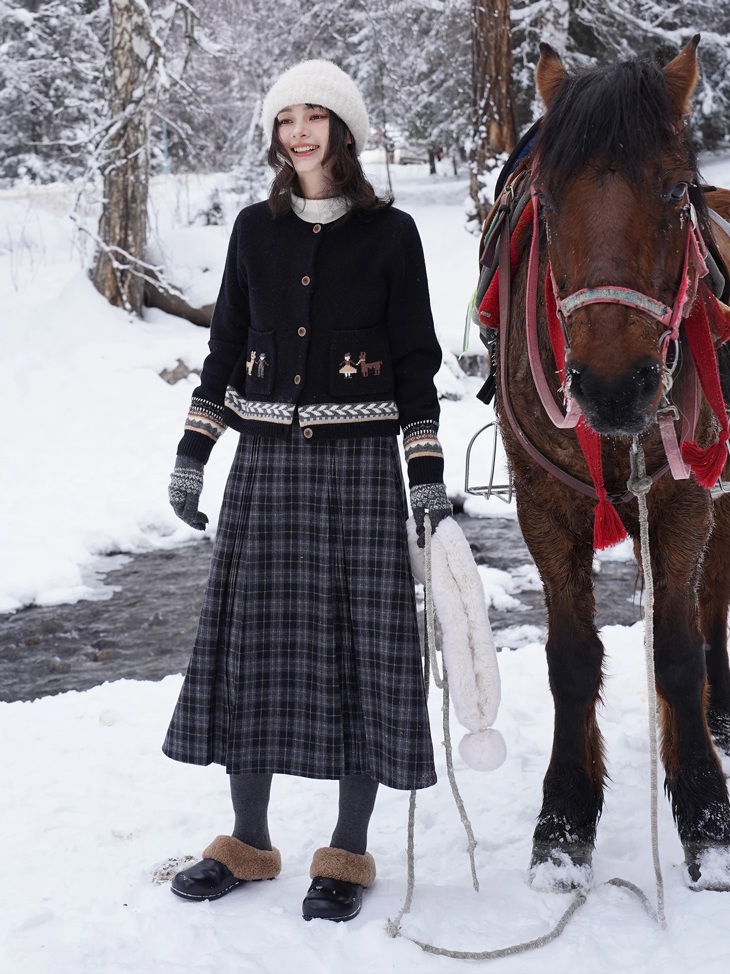 

Warm Winter Woolen Plaid Handmade Pleated Long f Skirt French Sle High Waist Daily Wear Ladies' Skirt Augmap Brand