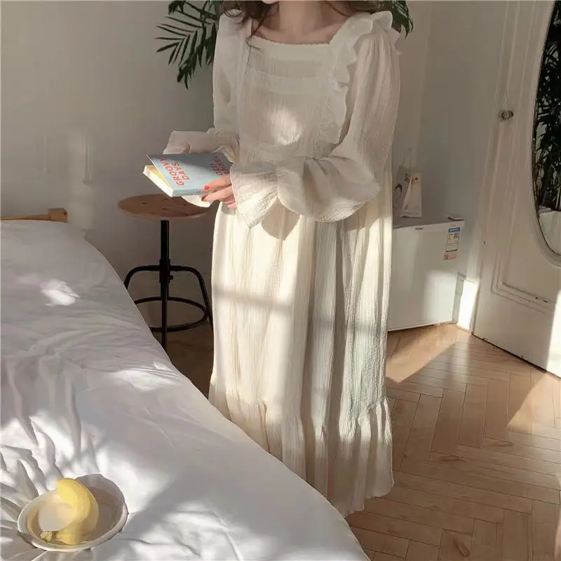 Lace Women Nightgown Ruffles Sleepwear Korean Nightwear Autumn Long Sleeve Sleeping One Piece Pajamas Square Collar Night Dress