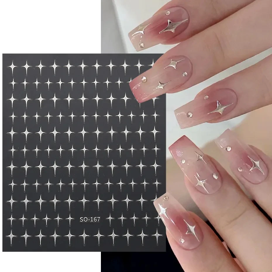 Sliver Stars Nails Stickers 3D Bronzing Laser White Cross Starlight Glossychic Y2k Stylish Adhesive Manicure Decorations SO-167