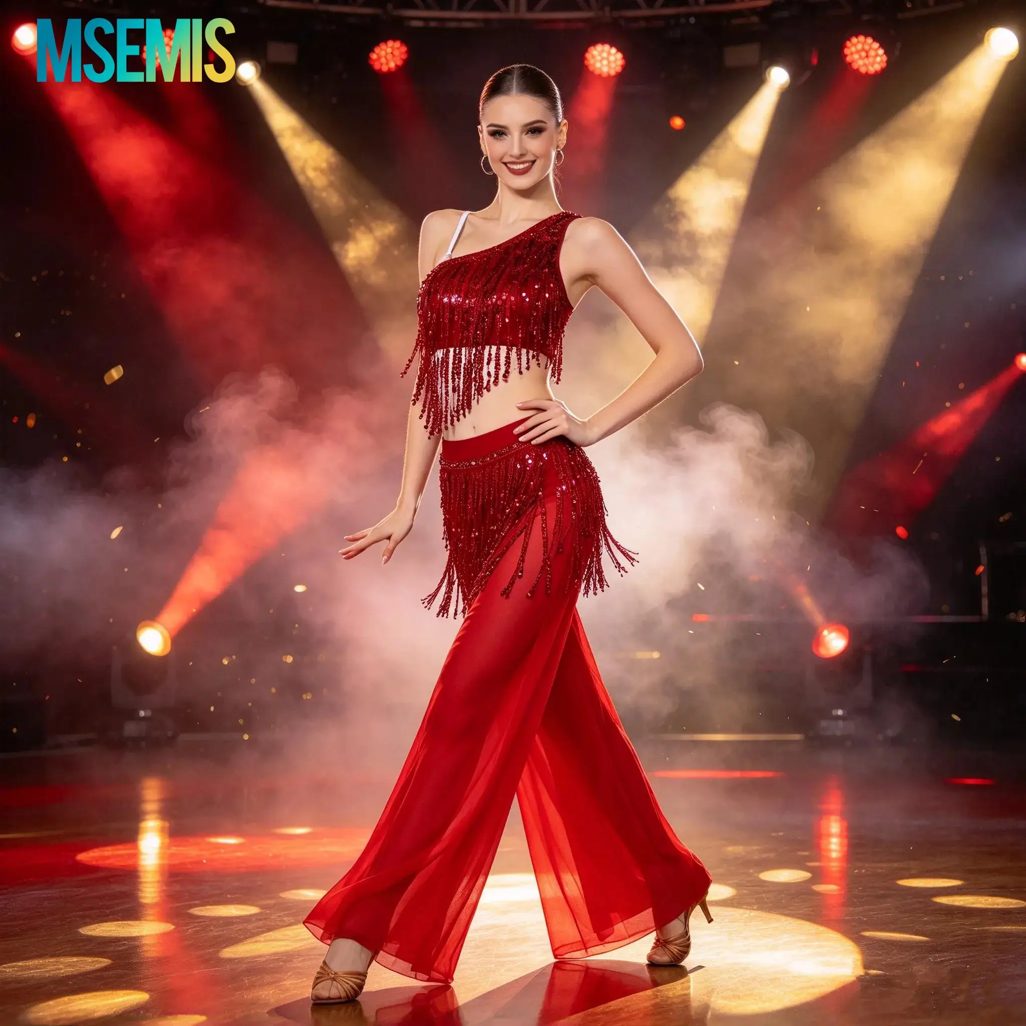 Women Sequin Tassel Lyrical Latin ballroom Dance Outfit One Shoulder Crop Top and Built-in Briefs Wide Leg Pants Dancewear