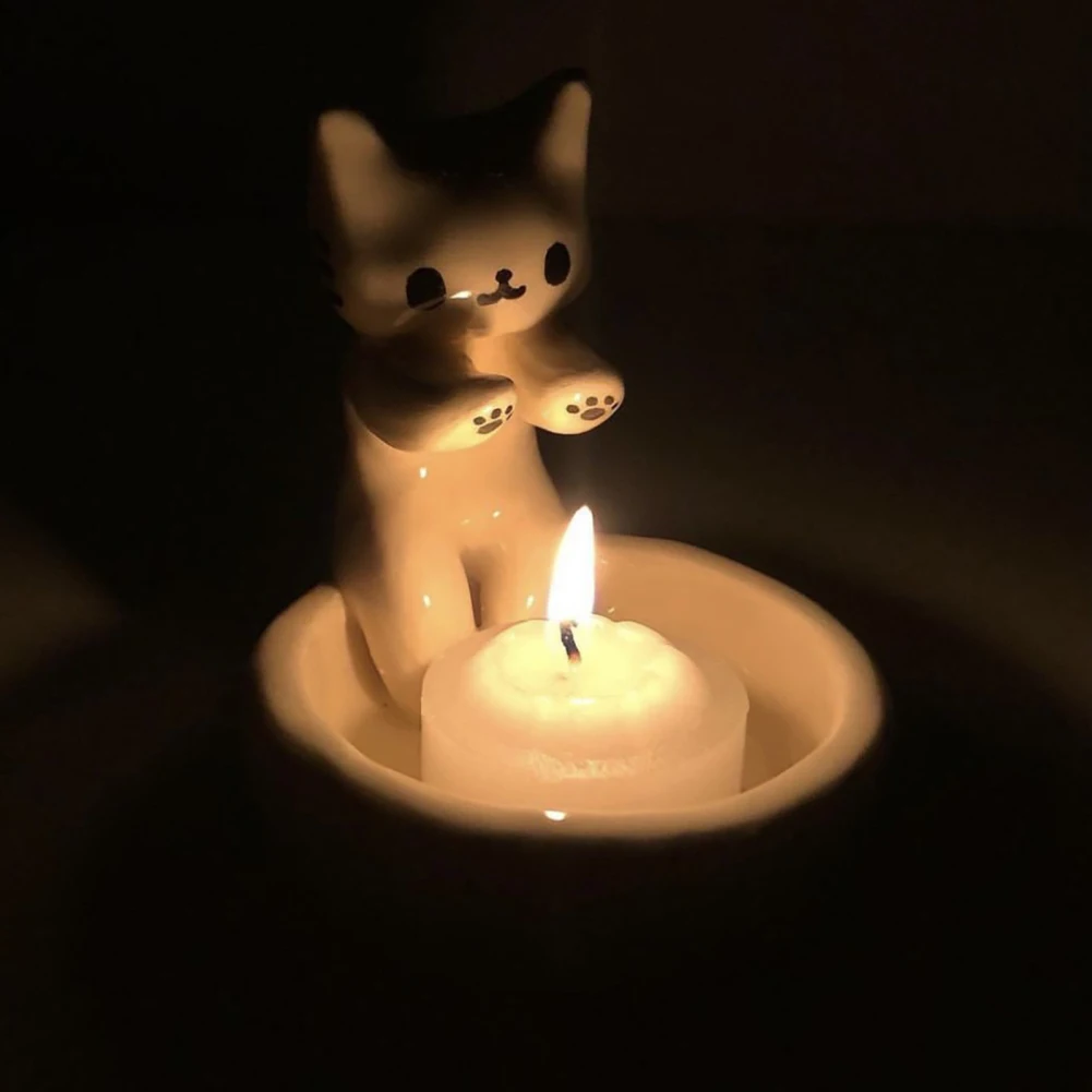 Portavelas de gatito de dibujos animados, soporte de luz perfumado de gato de resina, decoraciones de escritorio, regalos de amantes de gatos para mujeres, hombres y niños, nuevo