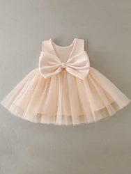 Satin Beaded Soft Tulle Big Bow Dress for Baby Baptism Wedding Party