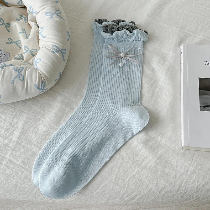 1/2 pares feminino flor afiado pérola meados de tubo meias de algodão moda arco ballet estilo absorção de suor respirável meias casuais