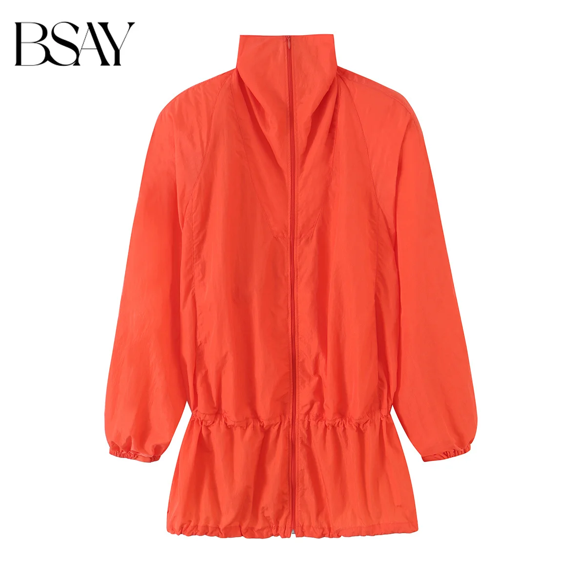 BSAY 2026 Women Padded Shoulder Zip Up Jacket High Collar Drawstring Waist Long Sleeve Elastic Cuff Loose Lightweight Outer Coat