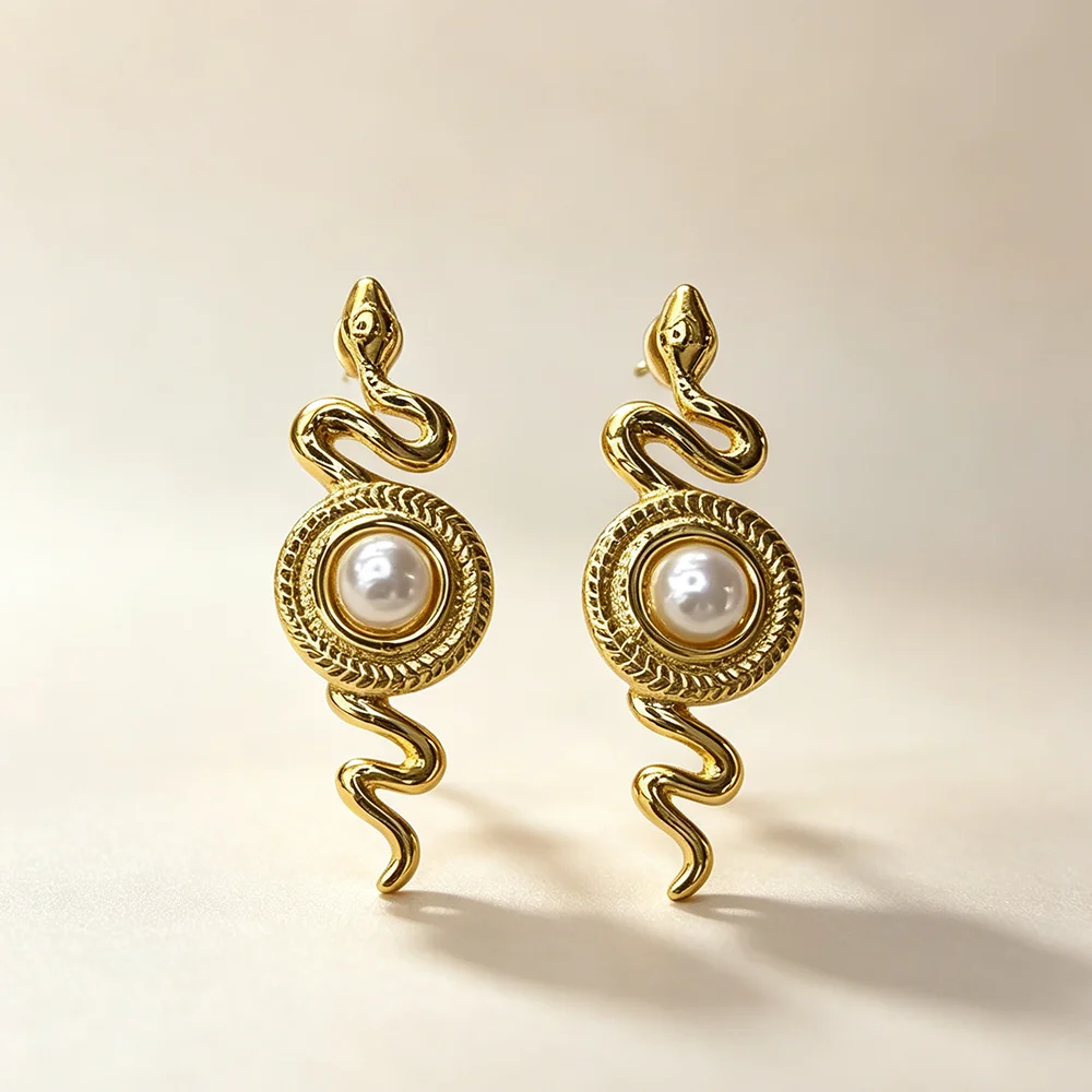 Punk Vintage Snake Earrings For Women Stainless Steel Gold Color Snake Pearl Earrings Wedding Aesthetic Female Jewelry Gifts