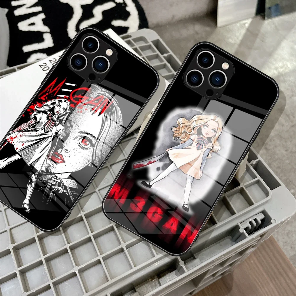 For IPhone 14 Pro Luxury Ins Megan Drawing Doll Phone Case Tempered Glass 13 11 12 XR XS MAX 7/8 X 14 Plus 13 Mini M3GAN Covers