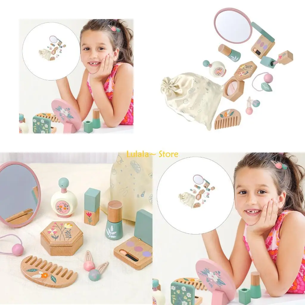 Y4QA Kids مجموعة أدوات التجميل الخشبية التظاهرية مجموعة ألعاب المكياج للفتيات بعمر 3 4 5+ تتضمن أدوات التجميل مرآة هدية اللعب #1
