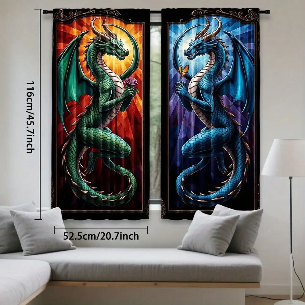 2pcs Vibrant Stained Glass Dragon Curtains Semi-Transparent, Rod Pocket Design, Perfect For Bedroom, Living Room, Office