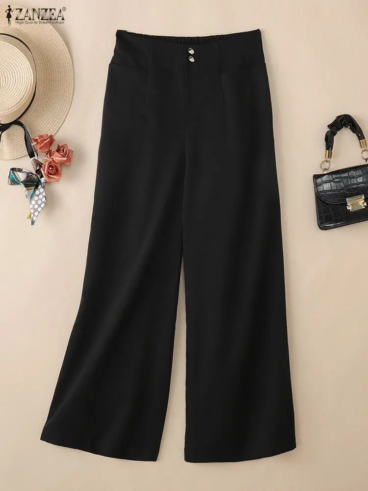 ZANZEA Fashion Women Wide Leg Pants 2026 Spring Elastic Waist Solid Color Loose Trousers Office Commuting Wear Woman Bottoms 3XL