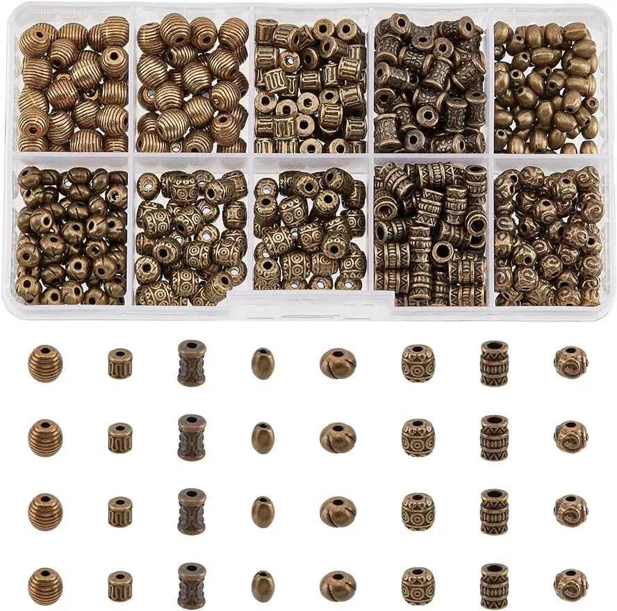 480Pcs Bronze Spacer Beads Tibetan Style Alloy Spacer Beads 8 Styles Tube Oval Round Metal Beads Barrel Round Column Spacer Bead