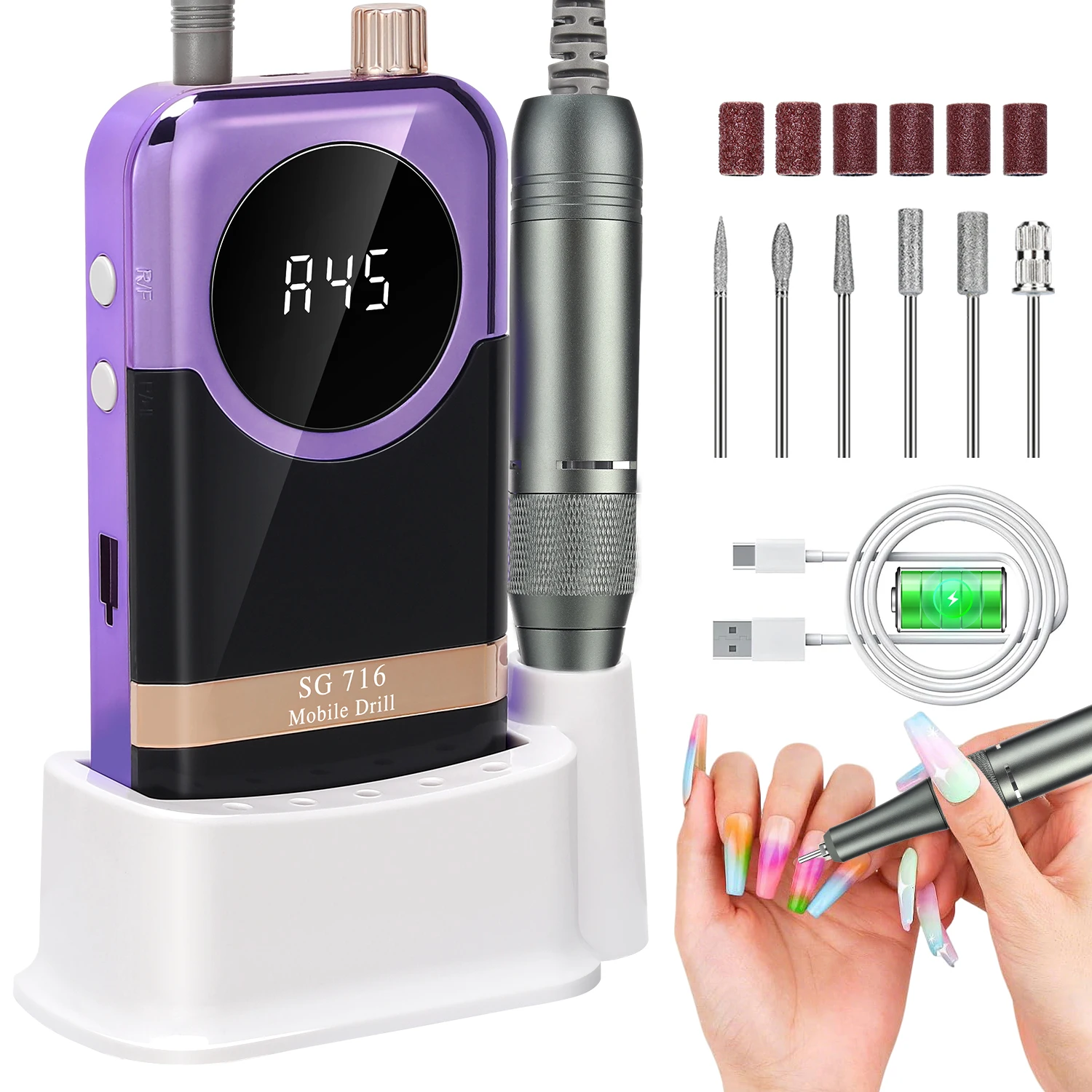 

Professional Nail Drill Machine Kit Rechargeable 45000RPM Electric Nail Sander File With LCD Display Nails For Home Salon DIY