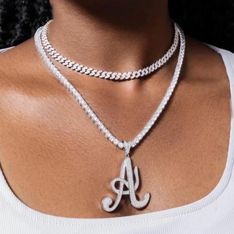 2024 Iced Out Clear Bling 5A Cubic Zircon A-Z Cursive Letters Charm Name Pendant Necklace Women Men Tennis Chain Hip Hop Jewelry