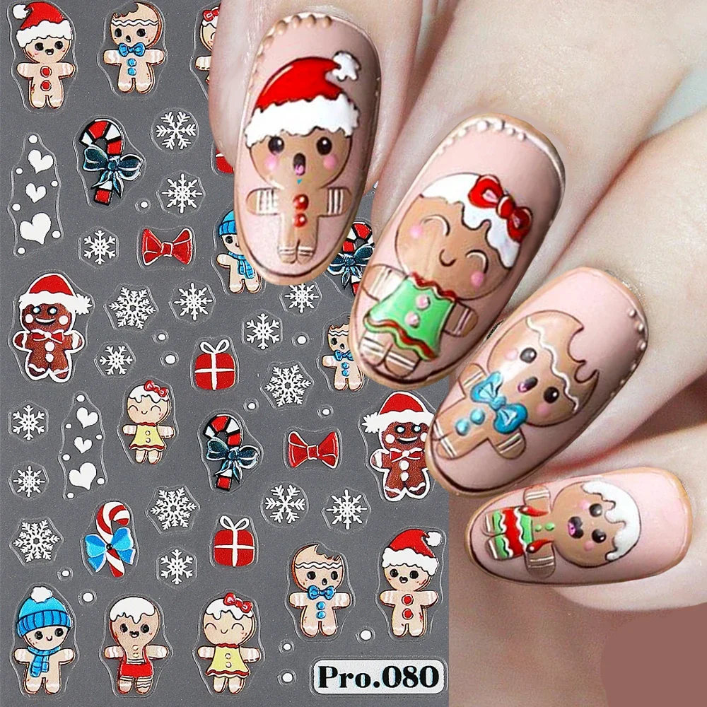 Pegatinas de uñas 3D de hombre de jengibre, sombrero de Papá Noel, copo de nieve, ciervo, calcomanías autoadhesivas, envolturas de manicura de dibujos animados, NTPRO-80