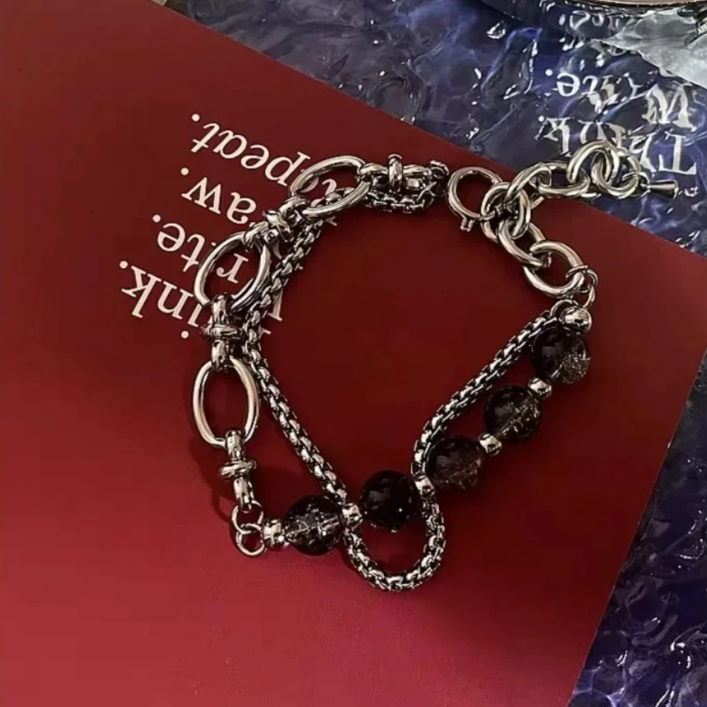 2024 Retro Black Cracking Beads Bracelet for Men Women Stainless Steel Double Layered Chain Fashion Hip-pop Jewelry Pulseras image 6