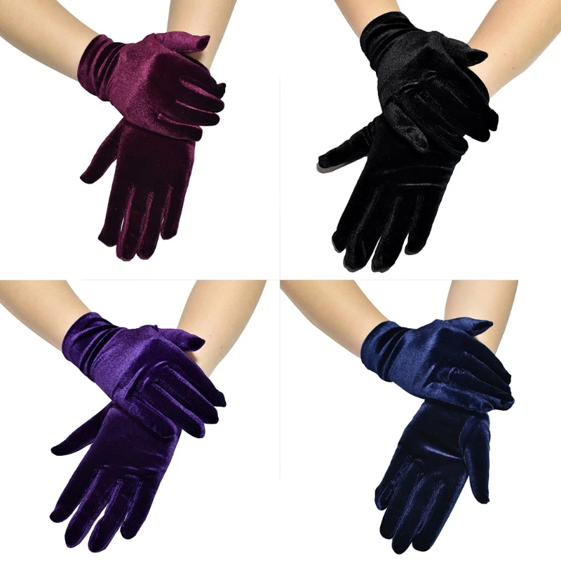 

Women Short Velvet Full Finger Gloves Shiny Solid Color Gown Opera Wedding Banquet Dress Party Dance Elastic Stretchy Wrist Len