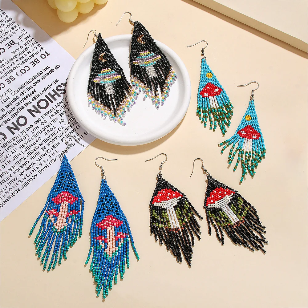 ZGMXR Rice bead earrings Tassel Originality Mushrooms Hand knitting Design Chroma Bohemia Alloy Female Fashion Beaded earrings