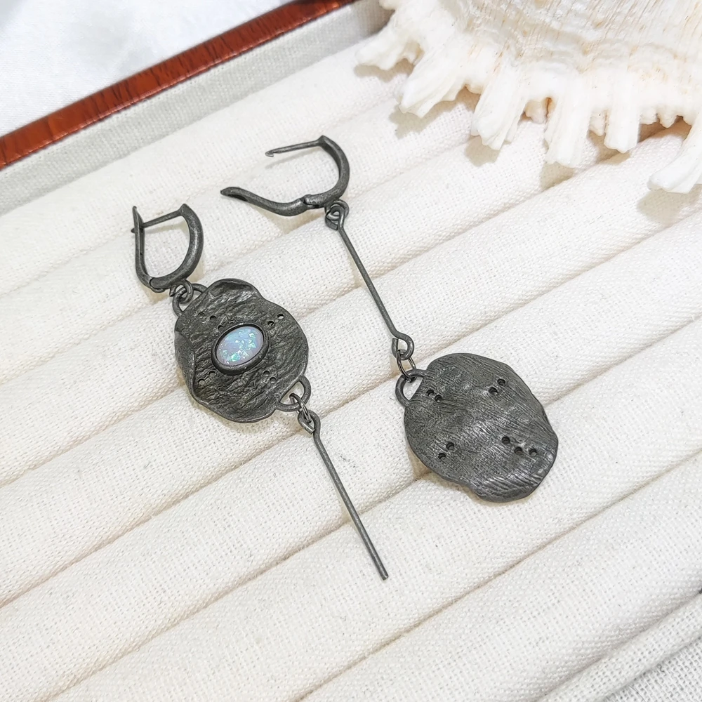 Vintage Silver Color Metal Inaly Opal Stone Asymmetric Dangle Earring for Women Daily Party Jewelry Accessories