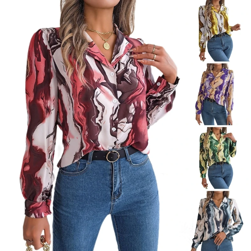 

Women's Sexy Printed Neck Button Down Long Sleeve Blouse Shirt Tops