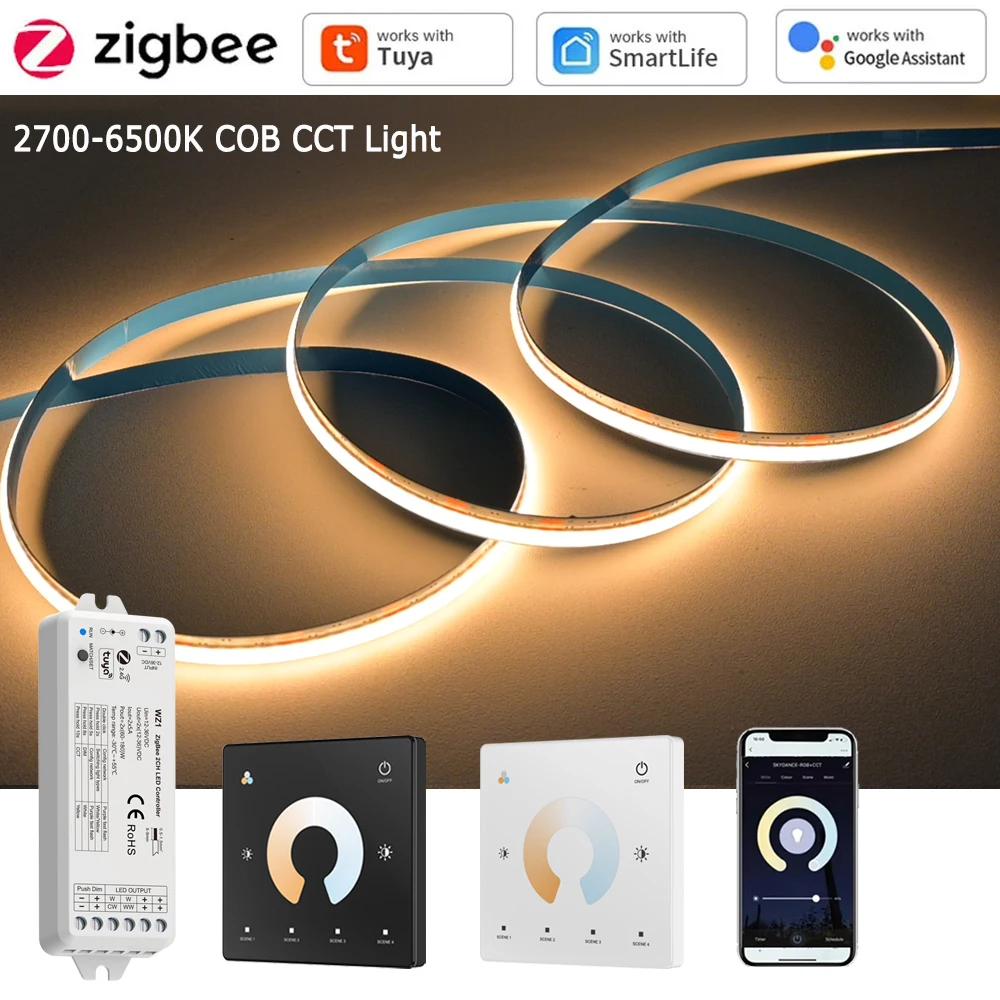 striscia-led-cob-cct-tuya-zigbee-30-da-5m-10m-24v-wwcw-per-camera-da-letto-con-telecomando-touch-dimmerabile-rf-24g-per-alexa-google-home-smartthings