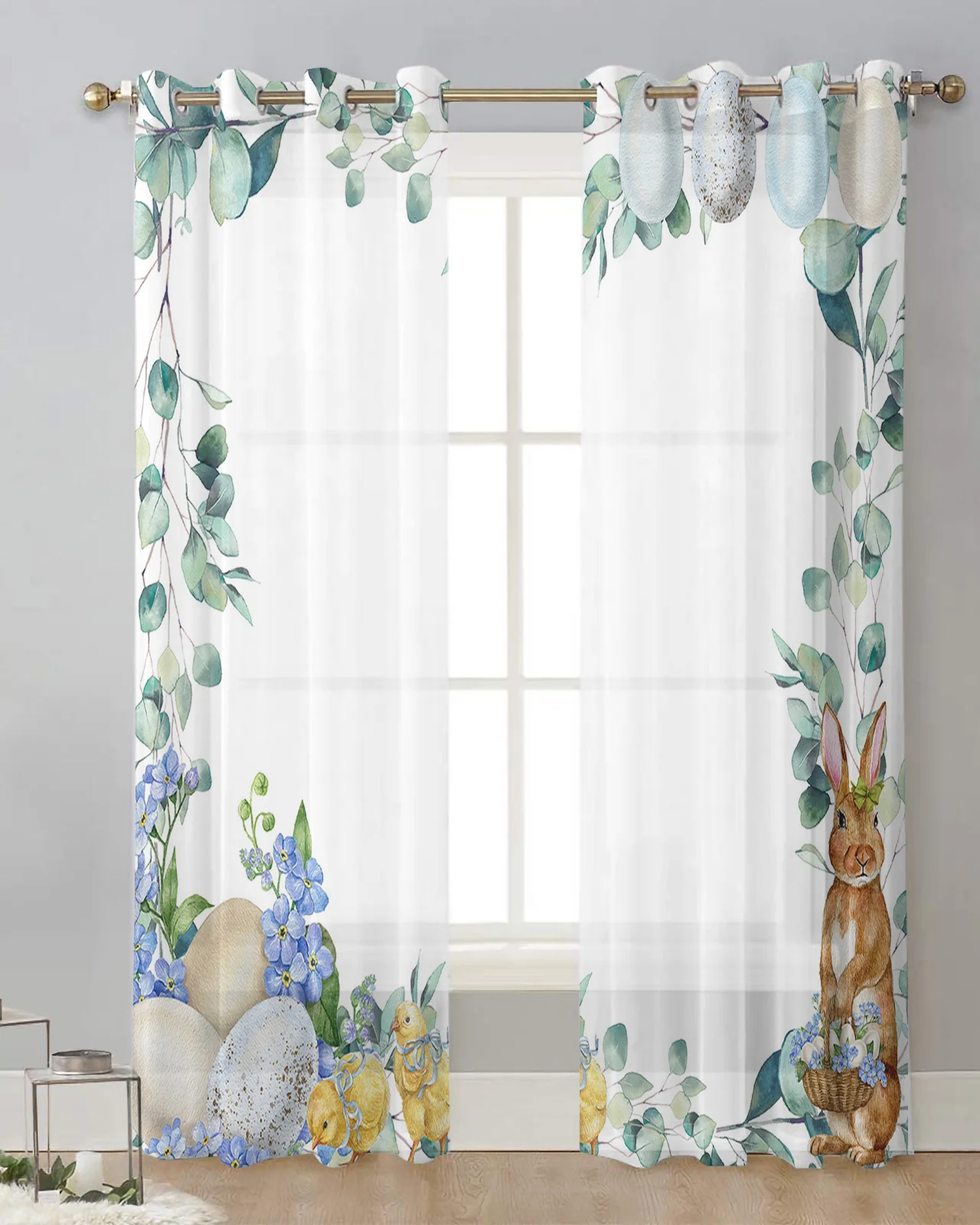 

Easter Bunny Eggs Eucalyptus Flowers Sheer Window Curtains Bedroom Living Room Tulle Curtains Voile Drapes for Kitchen