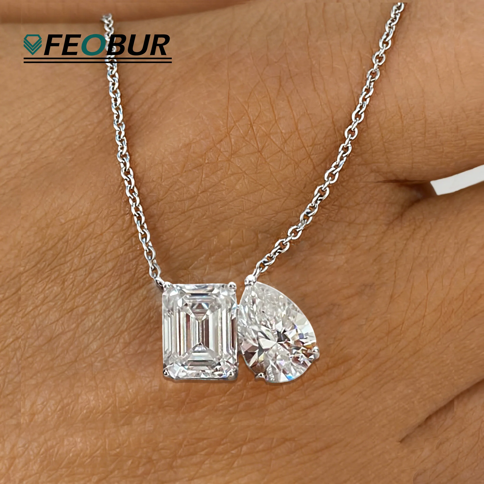 

FEOBUR 2-5cttw Moissanite Necklace 2-Stone Real 925 Silver Pear & Emerald Cut Diamond Pendant for Women Certified Jewelry Gift