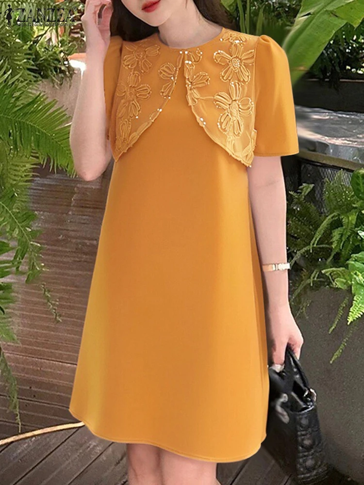 

ZANZEA Summer Dress Solid Short Seeve Vestidos Casual Lace Patchwork Summer Sundress 2025 Elegant OL Work Robe Oversized