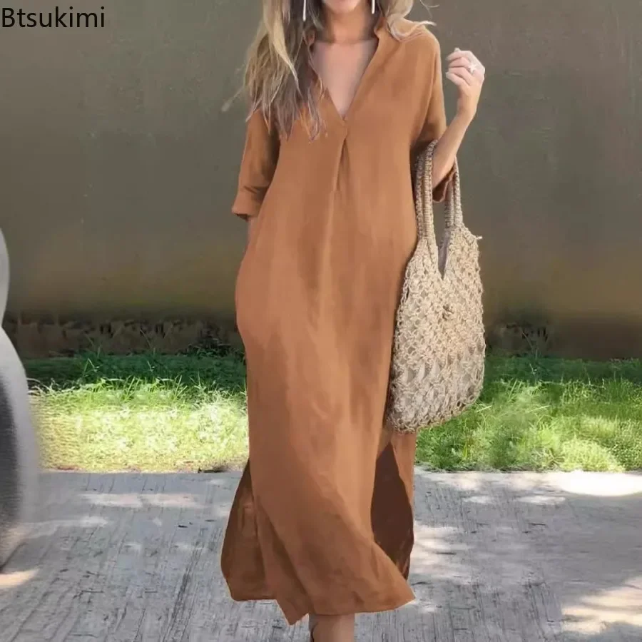 2025 Summer Casual Solid V-neck Office Ladies Long Dresses Fashion Side Slit Commuter Temperament Dress Females Elegant Vestidos