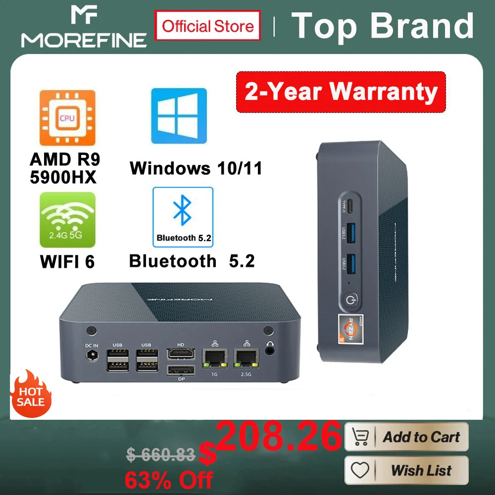 MOREFINE S500+ AMD Ryzen Mini PC R9 5900HX R7 5625U Windows11 Pro Dual LAN NVMe SSD Gaming PC HD DP Type-C WiFi Desktop Computer