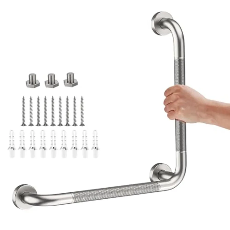 

Angled Grab Bar 16x16 Inch Stainless Steel Knurled Toilet Handles Wall Mounted Bathroom Handicap Safety Rails for Elderly Injur