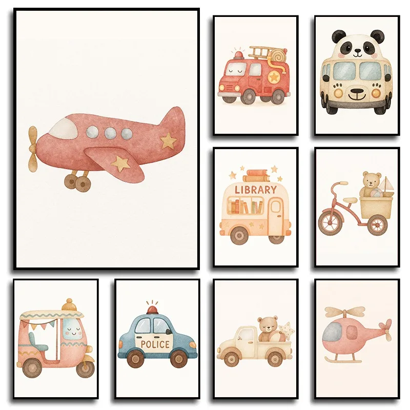 Watercolor Vehicle Transportation Poster Fire Truck Mixer Helicopter Airplane Canvas Print Nursery Toddler Boy's Room Wall Decor