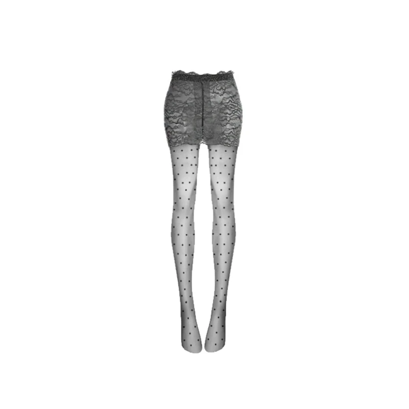 Women Sexy Stockings Integrated Lace Wrap Buttocks Miniskirt Polka Dot Aurora Oil Shiny Ultra-Thin Transparent Pantyhose