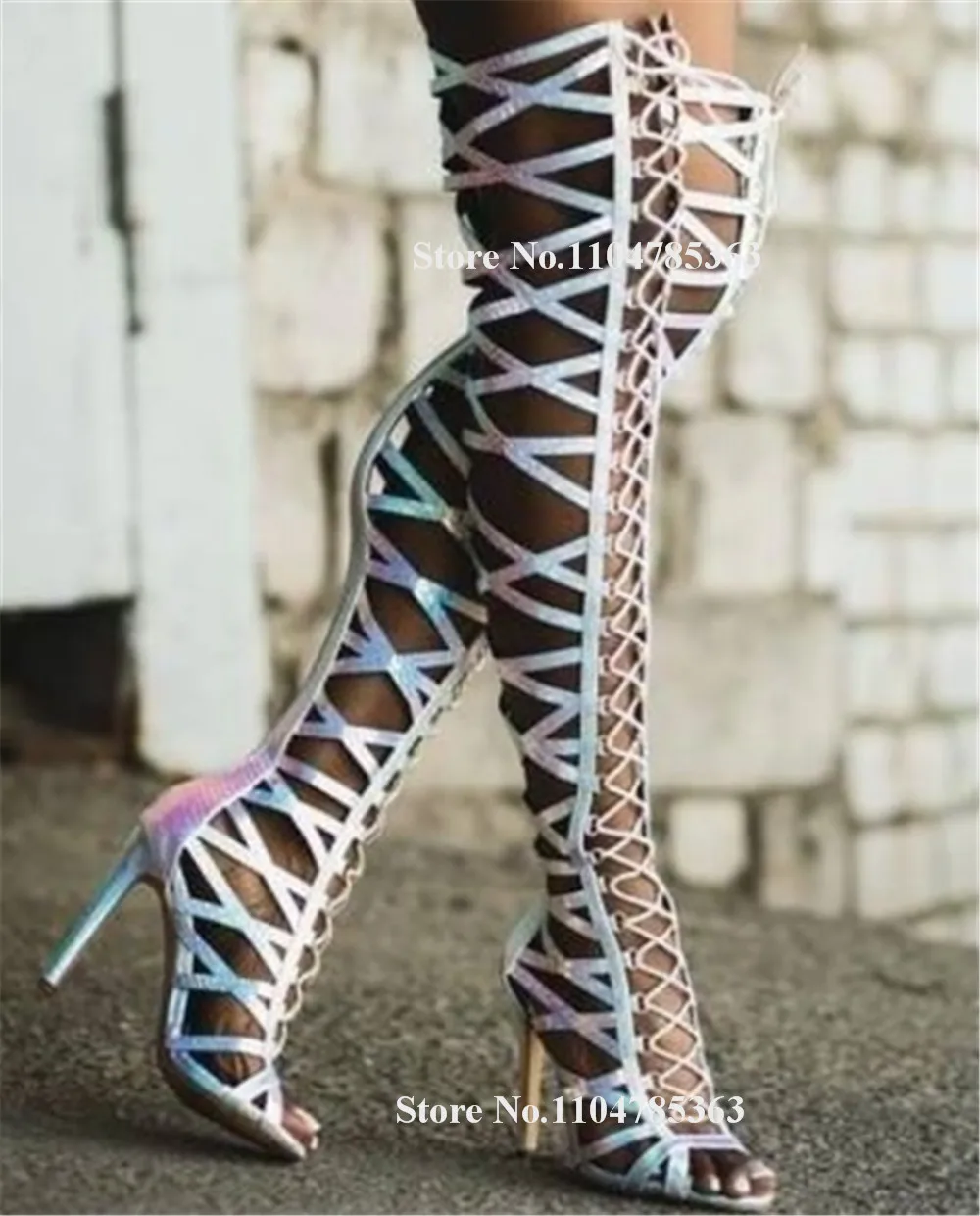 

Sexy Strappy Cross Stiletto Heel Over-the-Knee Gladiator Boots Peep Toe Lace-up Back Zipper-up Thin Heel Long Sandal Boots