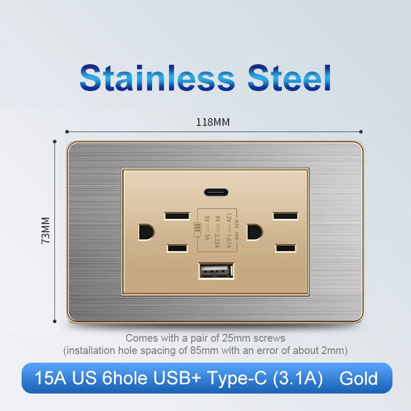 ELEGAN Gold stainless Panel US Standard 1/2/3/4/5/6Gang Switch Push Button Outlet Usb Type-c Wall America Socket Light Switch