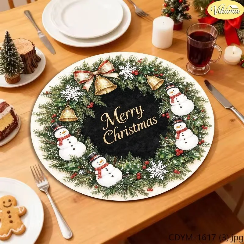 VIKAMA Christmas Round Placemats Black Gold Merry Christmas Pine Wreath Snowman Bell Holly Washable Mat Winter Decor