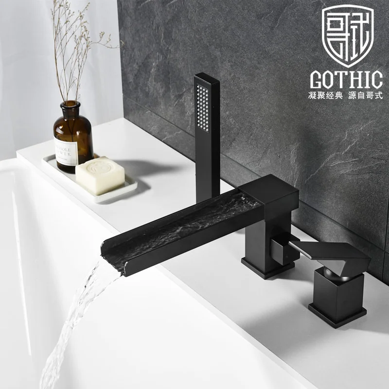 Bathtub Faucet Widespread Tub Sink Mixer Tap Brass 3PCS Black Bathroom Waterfall Bath Shower Faucet with shower Head Mixer