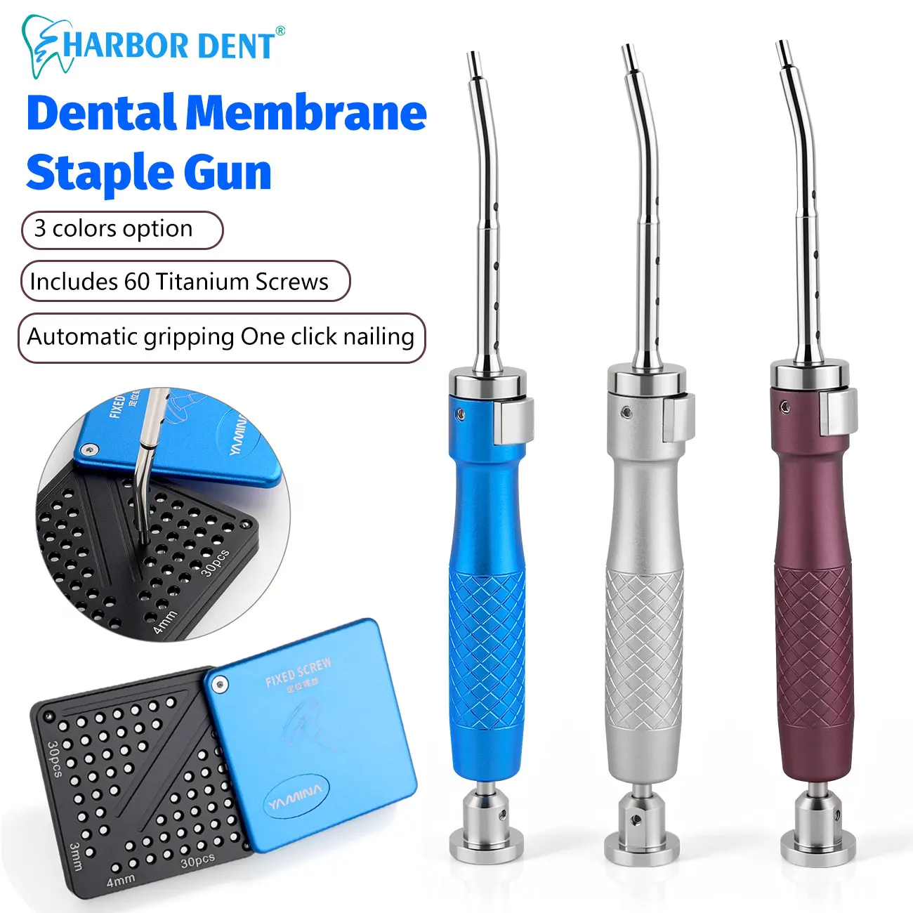 3 Color Dental Implant Membrane Tacker Kit One-Click Automatic Tacker Gun with 60 Titanium Screws Material for Membrane Fixing