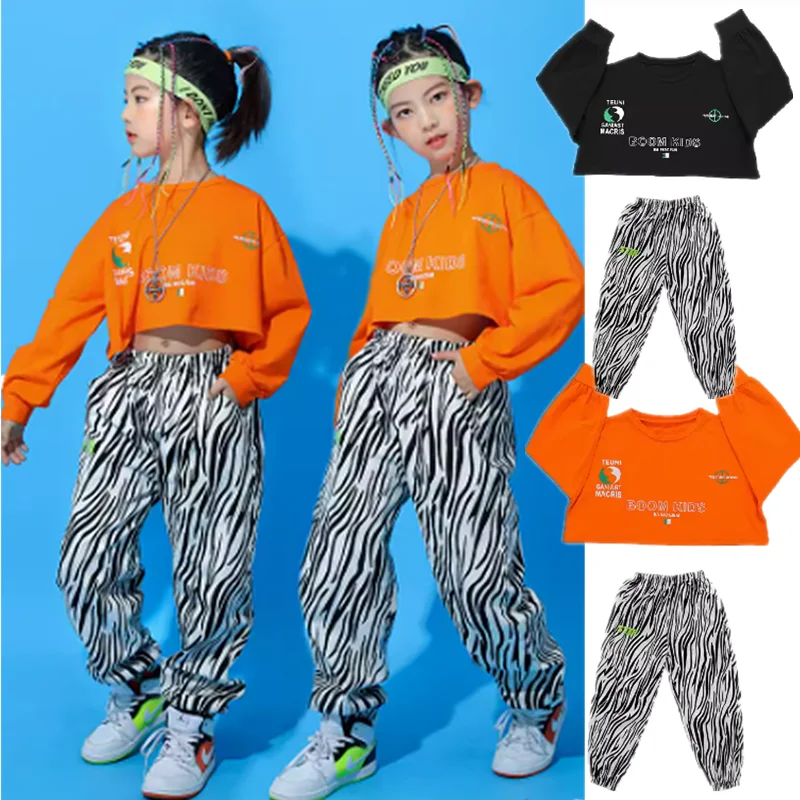 Roupas de Hip Hop infantil, blusa curta, manga comprida, streetwear estampa zebra, calças jogger para meninas, fantasia de dança jazz, roupas