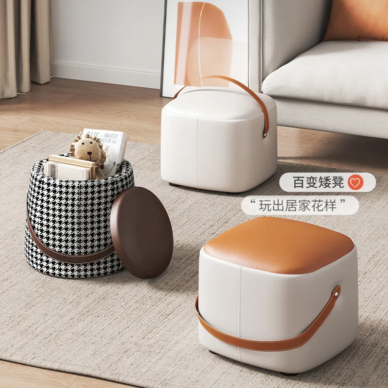 PU Leather Hallway With Box Storage Stool Pouf Household Shoe Stool Living Room Tea Table Light Luxury Solid Wood Stool