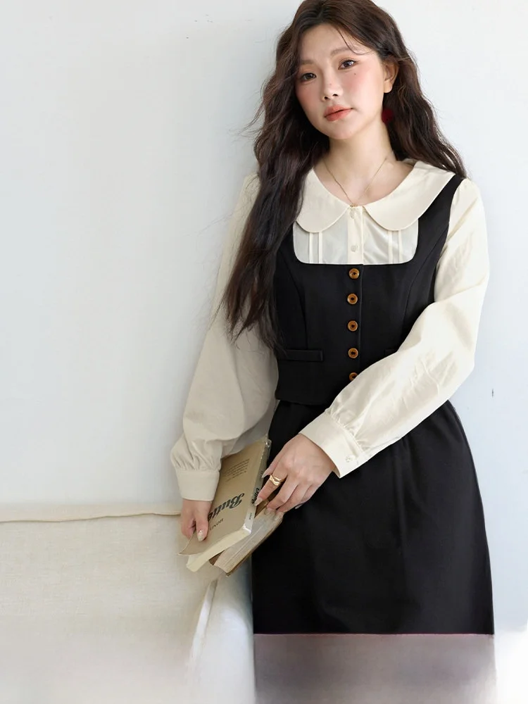 

plus Size round Ne Splice Dr Sli Slimming A-Line Skirt Single Button Closure Long Sve Mid-Length Polyester Fabric
