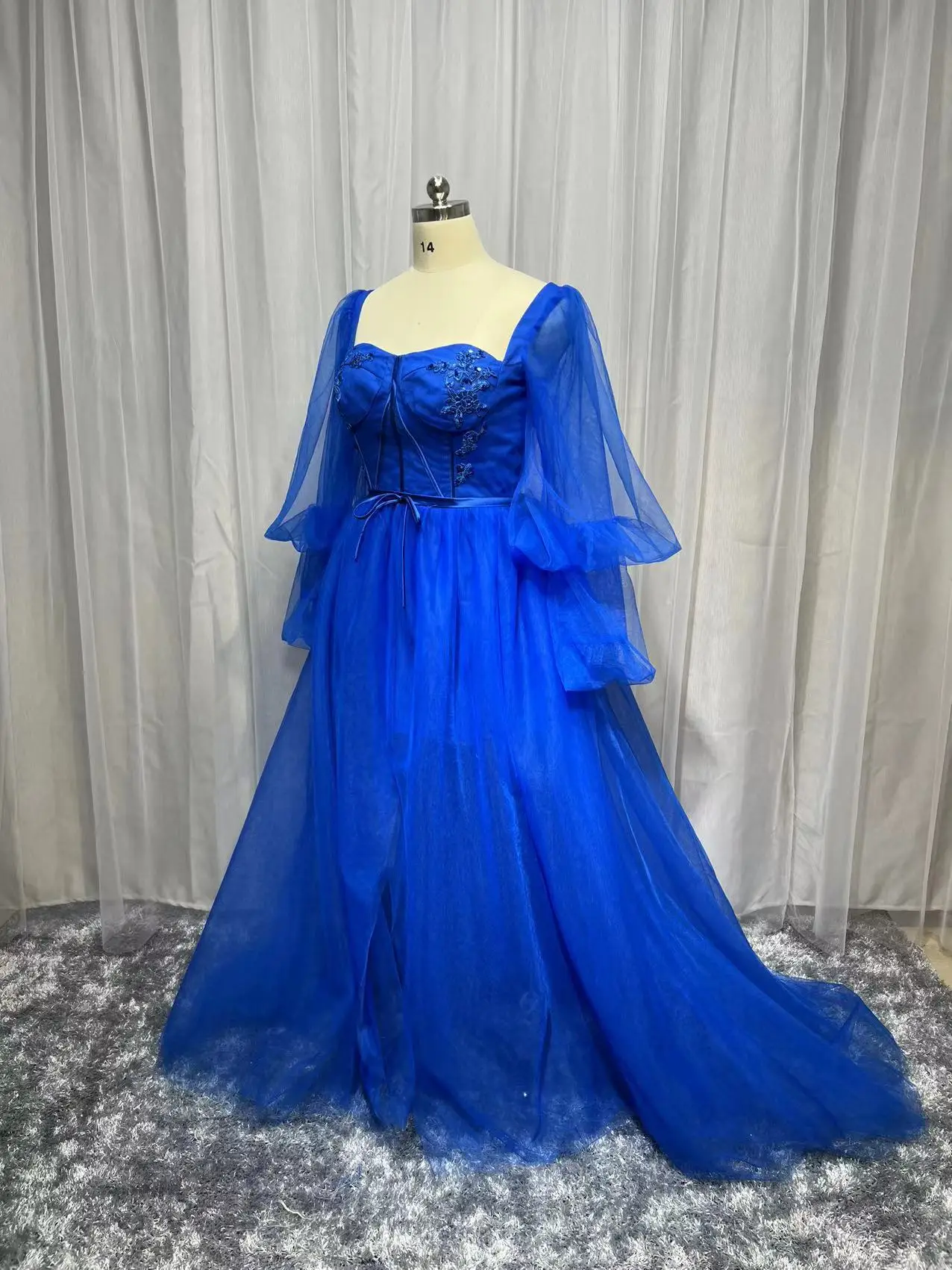 Simple Plus Size Blue Prom Dresses Long Puff Sleeves Exposed Boning Illusion Evening Dresses High Slit Tulle A-Line Formal Gowns