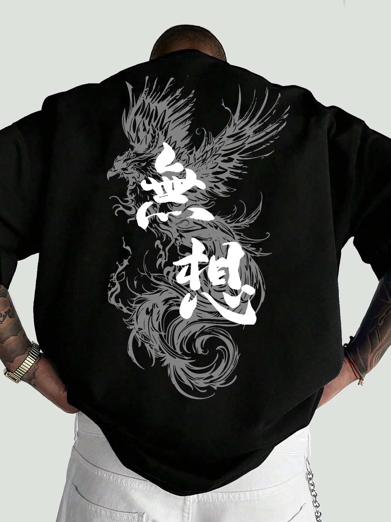 Men Oversized T-Shirt Grey Ink Phoenix Wu Xiang Chinese Calligraphy Back Print Oriental Streetwear Loose Tee