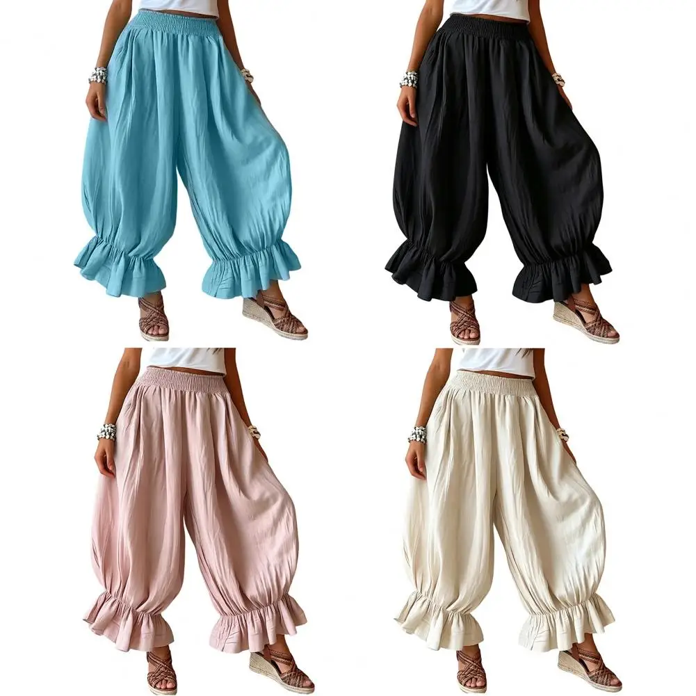 Women Bloomers, High Elastic Waistband Wide Leg Trousers, Bohemian Ruffled Cuffs Super Loose Harem Pants For Casual Commuting
