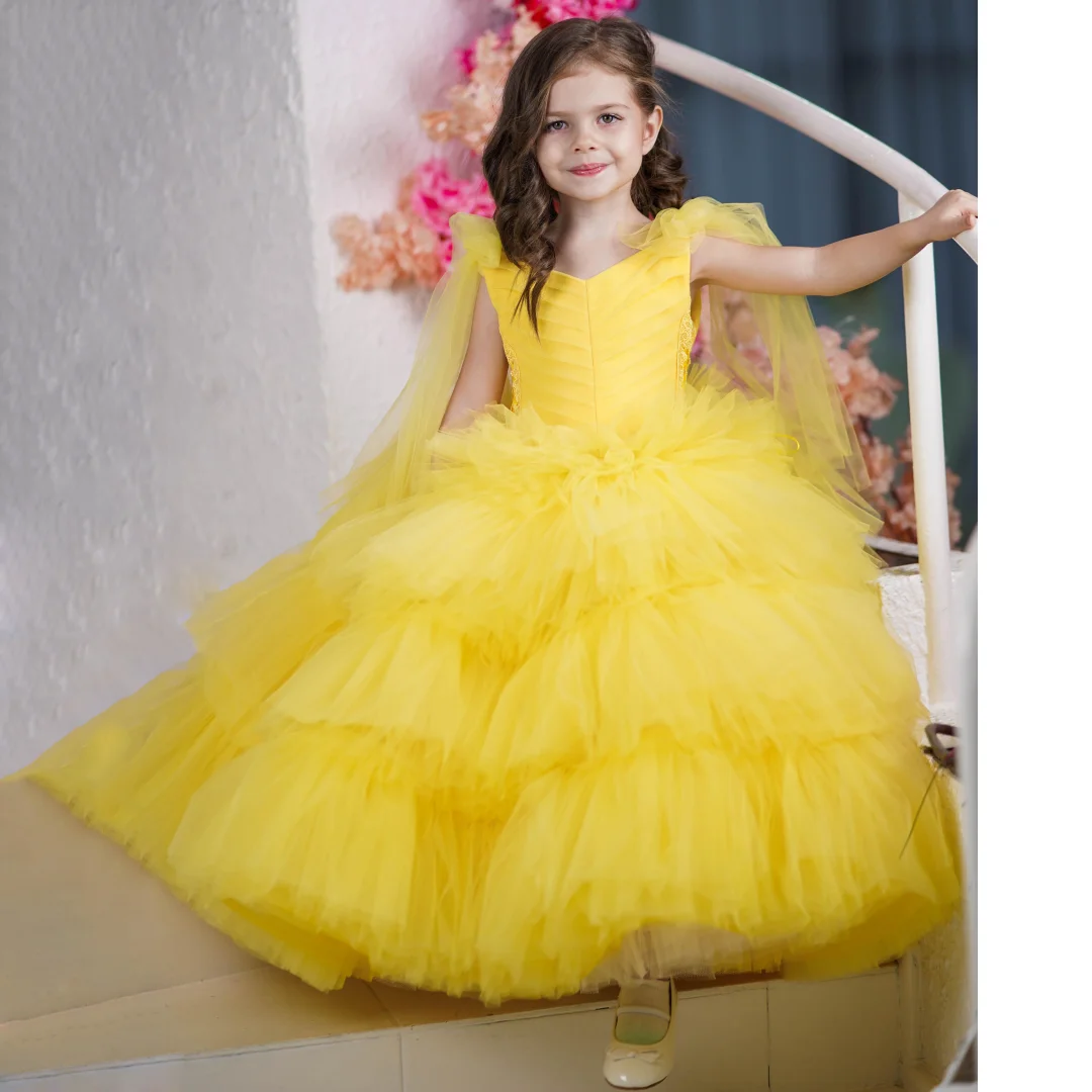 

Customized Flower Girl Dresses Yellow Tulle Tiered With Bow Sleeveless For Wedding Birthday Party Prom Banquet Princess Gowns