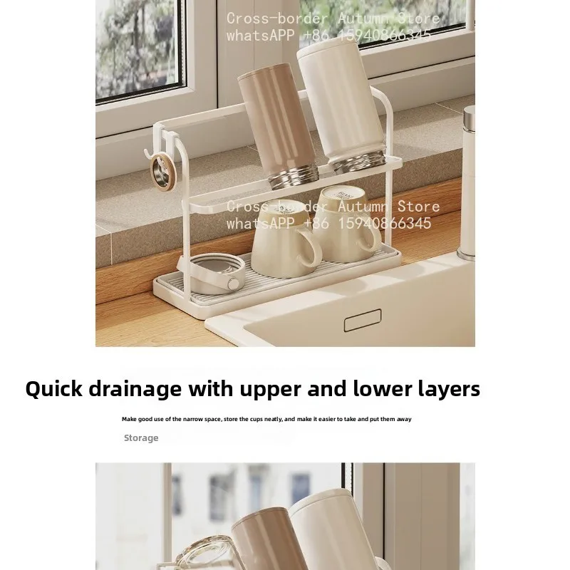 Double Layer Countertop Drain Cup Rack Japanese Style Teacup Glass Mug Storage Organizer Household Table Cup Holder