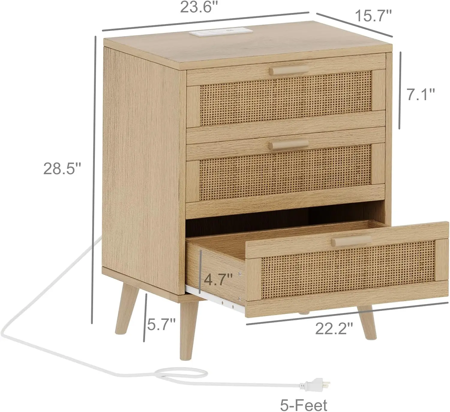 

Rattan Nightstand with Charging Station, Night Stand with 3 Large Rattan Drawers, Accent End Table, Bedside Table
