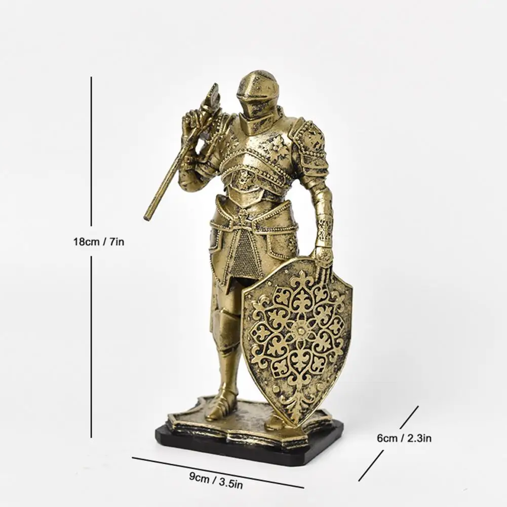 18cm Medieval Knight Figurine Vintage Resin Statue With Metallic Finish Handcrafted Armor Shield Detail For Bookshelf Home Decor