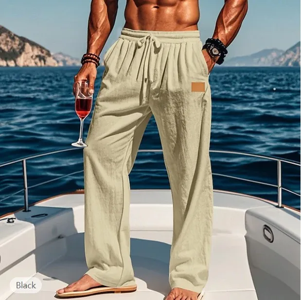 2026 Summer Men's Cotton and Linen Oversized Wide Leg Pants, Men's Artistic Style Elastic Waist Solid Color Casual Loose Pants